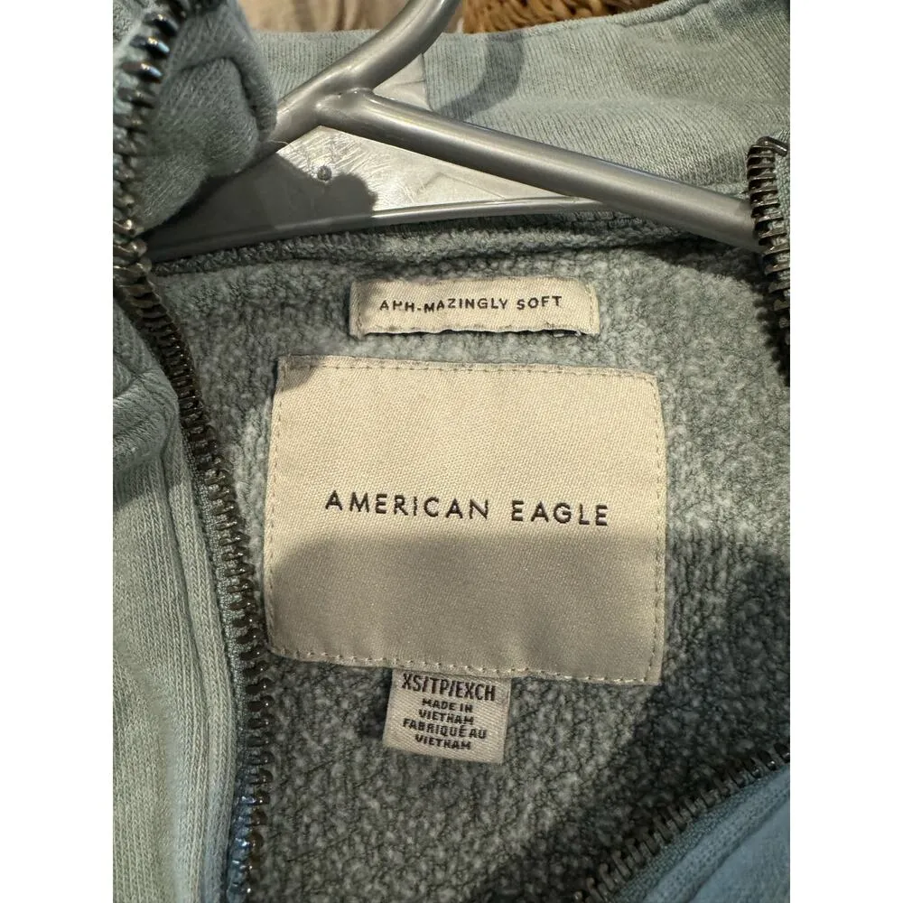 American Eagle  SizeXS Quarter Zip Cropped Drawstring Waist Sage Green Sweatshirt - Image 3