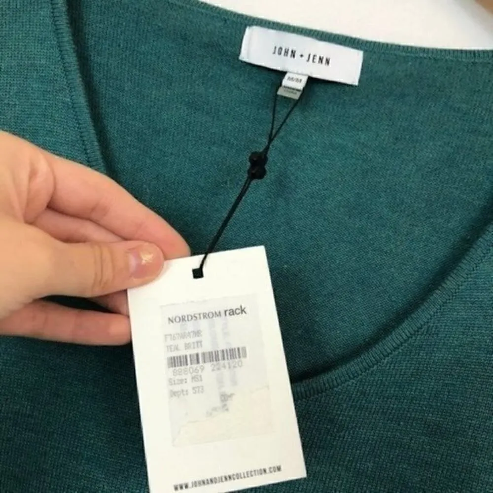 NEW NWT JOHN + JENN Asymmetrical Ruffle Sweater Teal Blue WOOL Blend V-Neck MED - Image 6