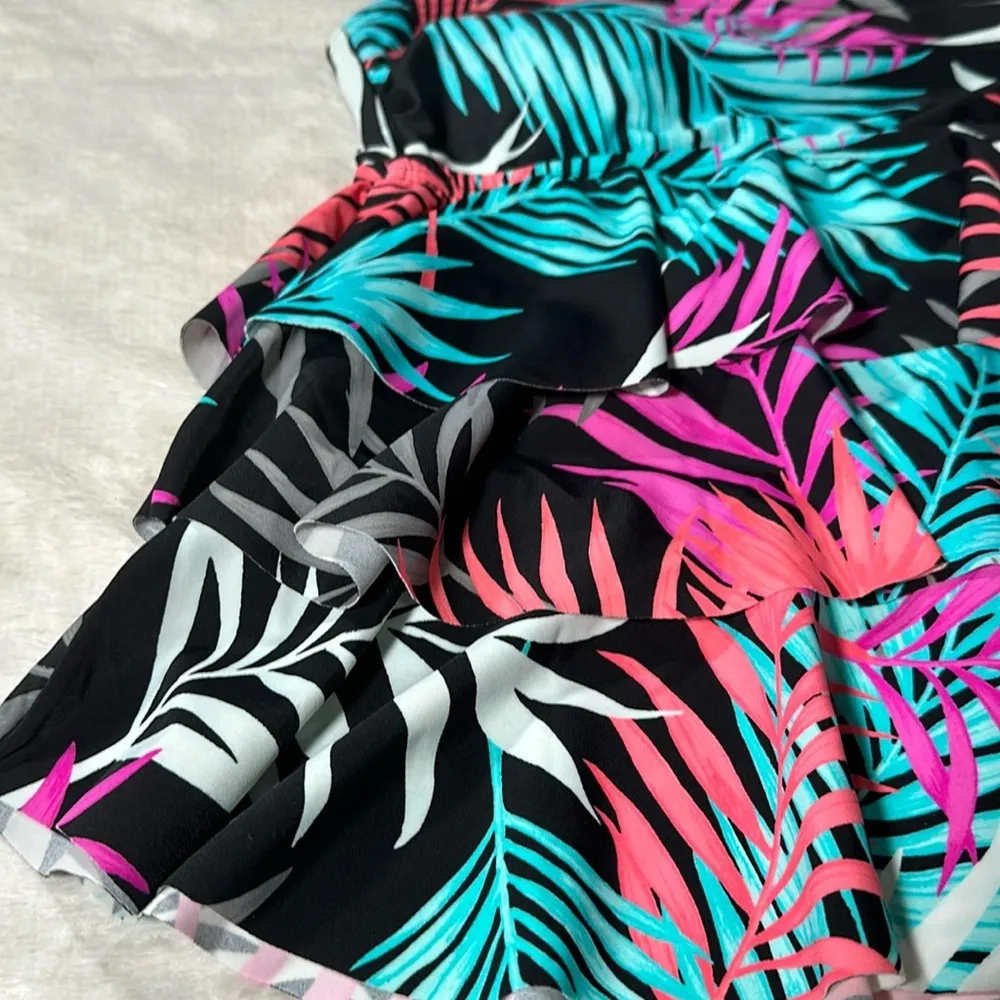 Island Escape Neon Hawaiian Tropical Palm Convertible Tankini Swimsuit Top 8 NEW Black - Image 11