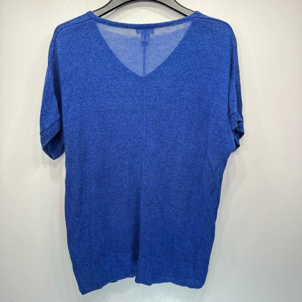 Chico’s Blue V Neck Linen Blend Loose Knit Dolman Short Sleeve Sweater Size 2/L - Image 3