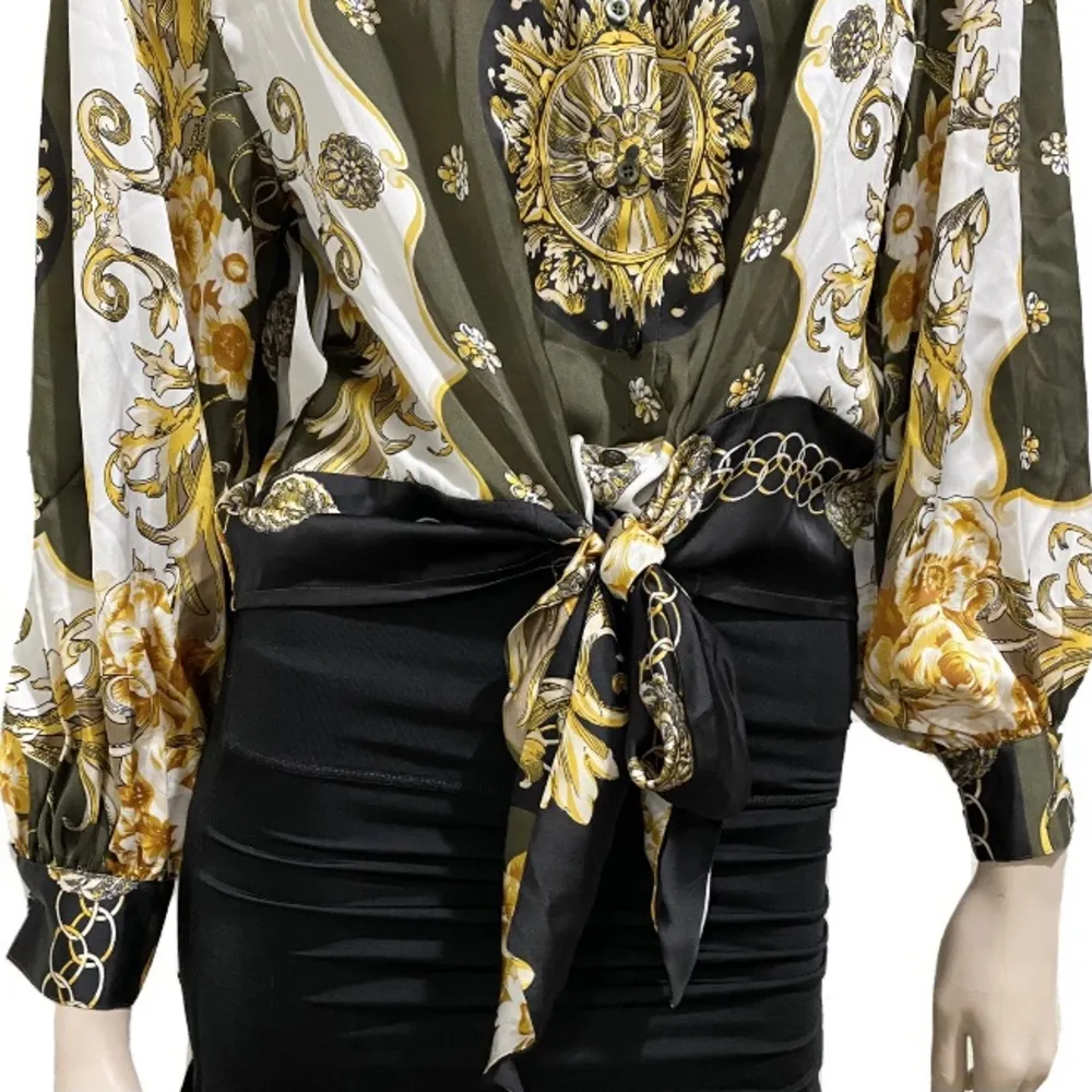 Soho NYC Green/Gold Scarf Print Front Tie Blouse S - Image 7