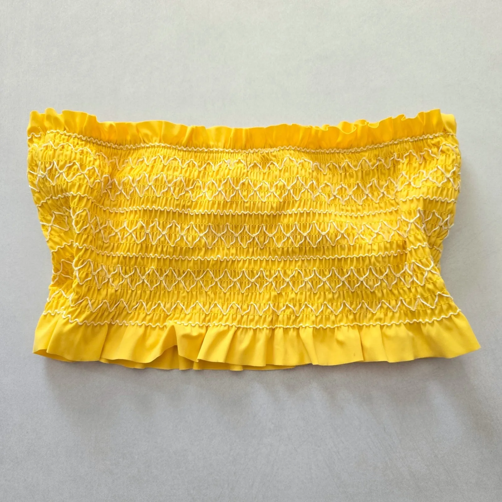 Y2K VTG Yellow Ruffle Smock Bandeau Coquette Retro Swimwear Bikini Top Medium - Image 3