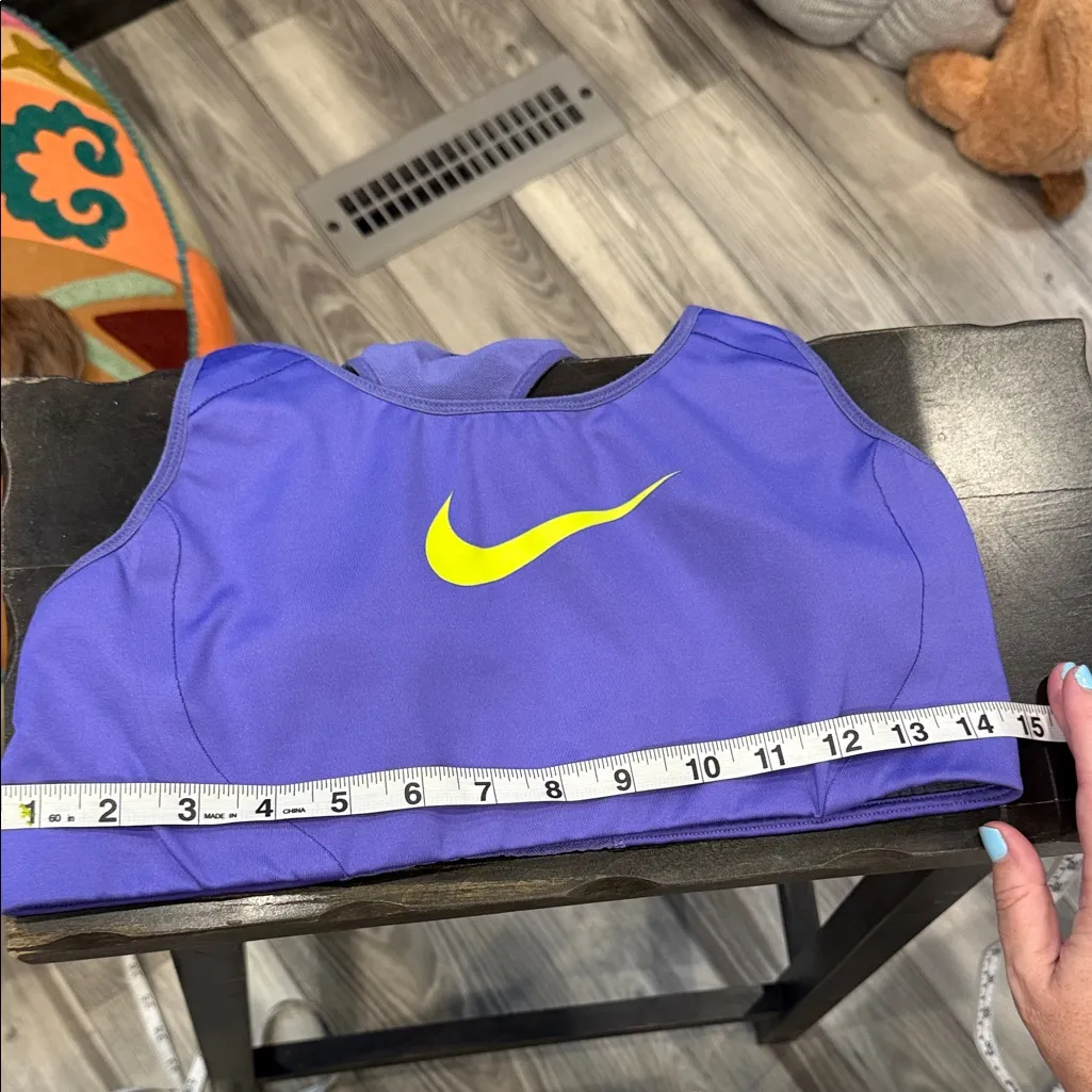 Nike Women's Blue Sports Bra with Yellow Swoosh size large - Image 4
