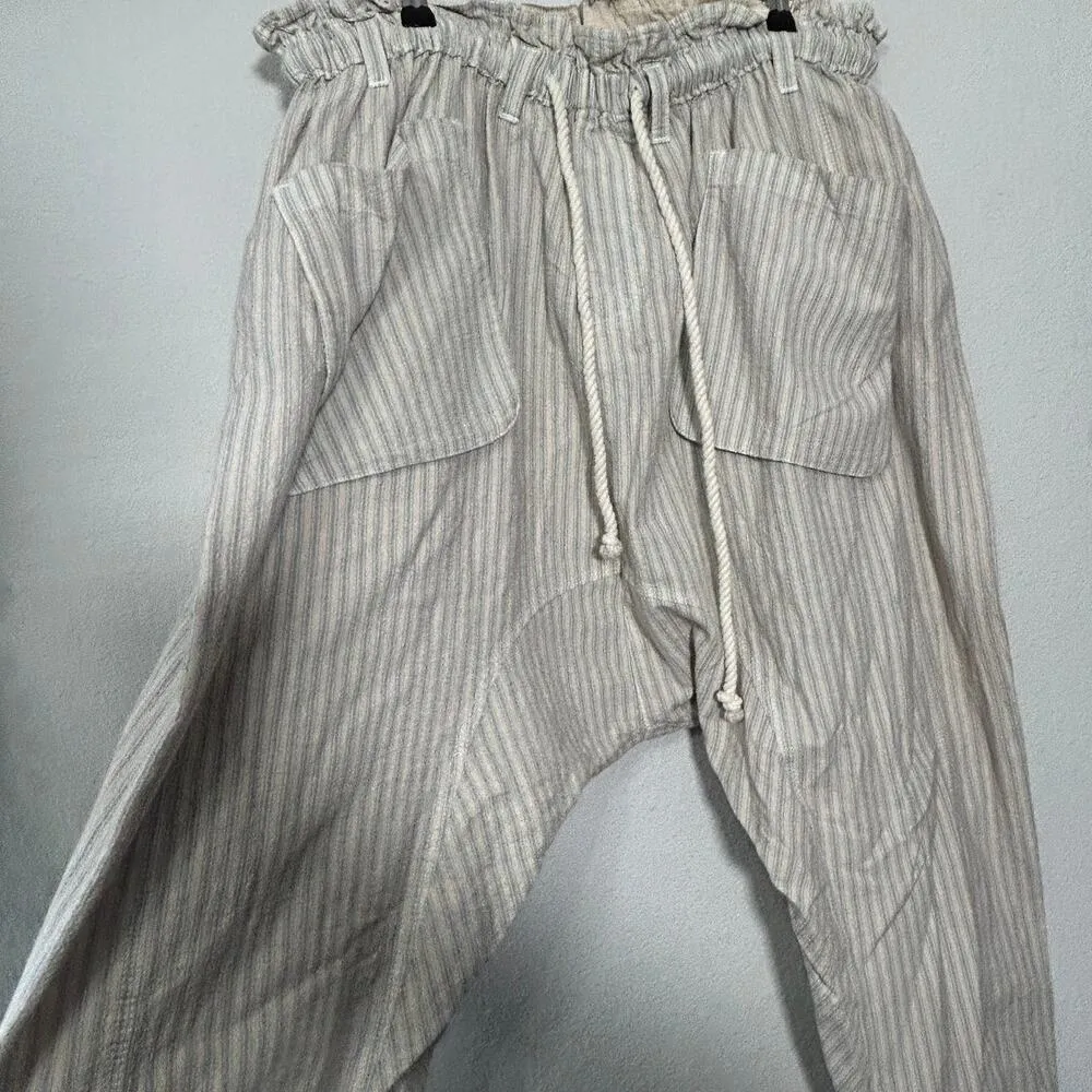 NEW Free People Runyon Oversized Stripe Pant Paperbag Tie Waist Small Blue Harem - Image 9