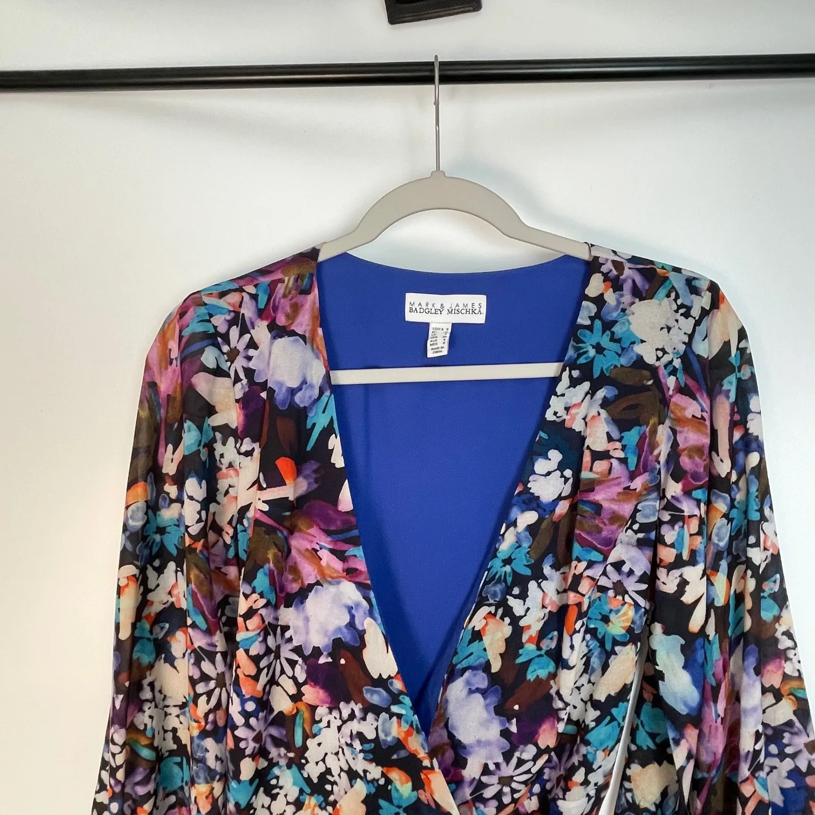 Mark & James Badgley Mischka Multicolor Floral Wrap Hi Low Ruffle Dress Size 0 Blue - Image 8