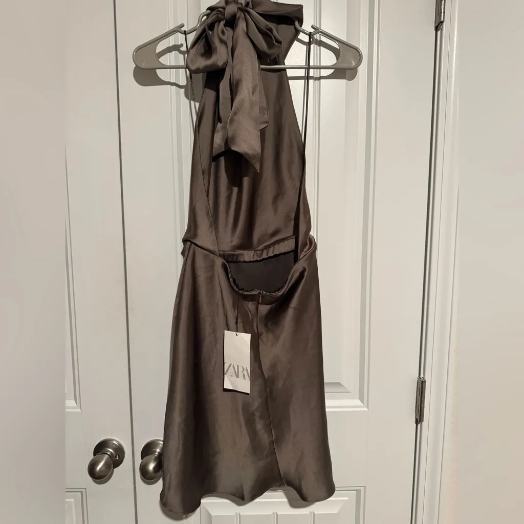 Zara Satin Effect Halter Midi Dress Brown XS | Brand New With Tags - Image 8