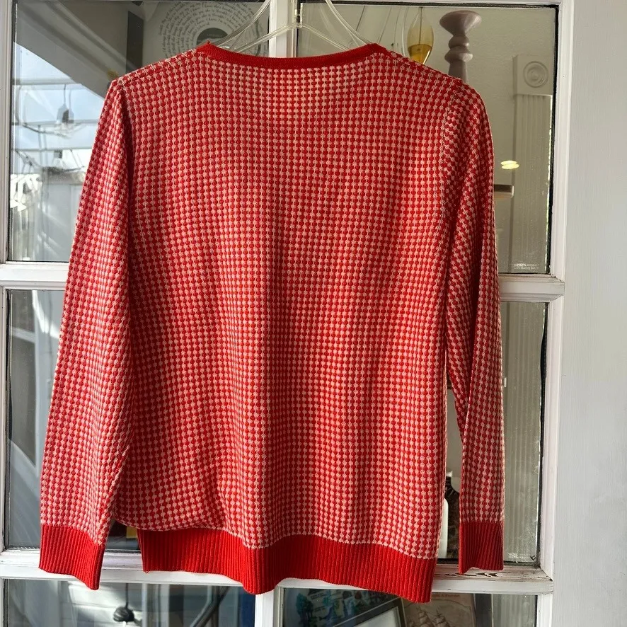 Red Houndstooth Knit Top Rhinestone Button Long Sleeve Sweater Pullover - Image 5