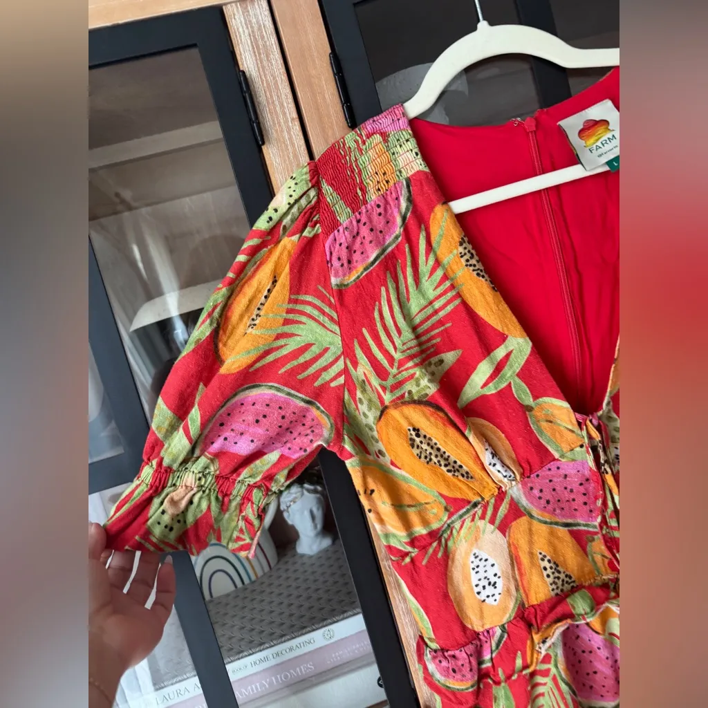 FARM RIO linen romper papaya fruits watermelon colorful beaded ruffle playsuit Red Size L - Image 7