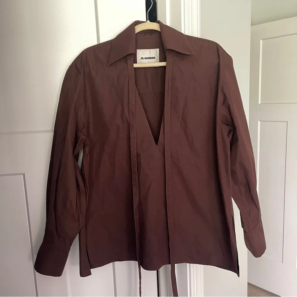 Jill Sander Tie-neck Organic-cotton Poplin Brown Blouse Long Sleeve V Neck - Image 5