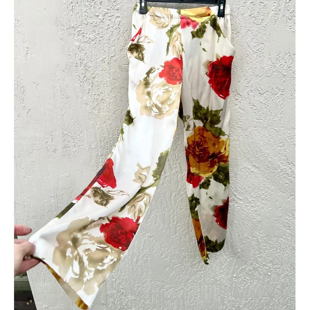Harvey Faircloth High Rise 100% Silk Floral Print Pants Cream Women's Size US 4 Red - Image 3