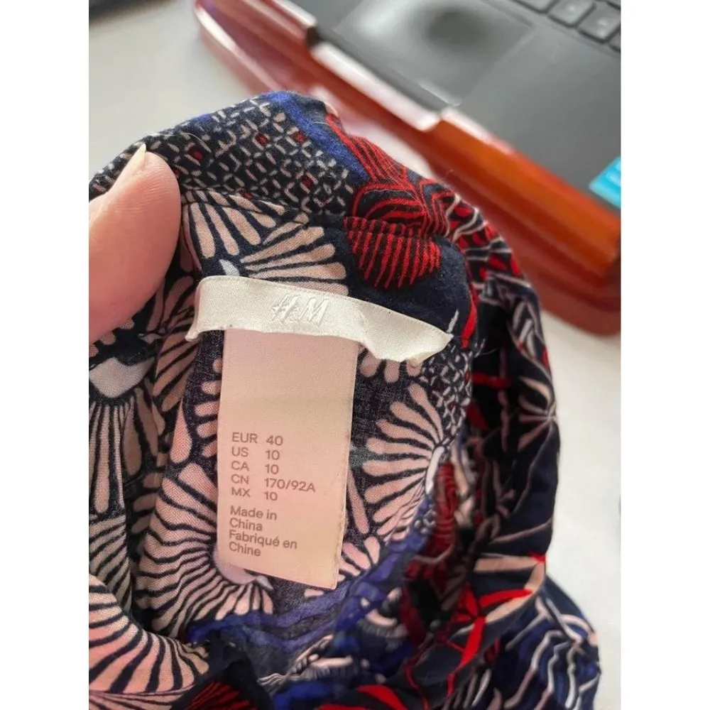 H&M Blue Floral Print Long Sleeve Button Down Shirt Dress Size 10 - Image 2