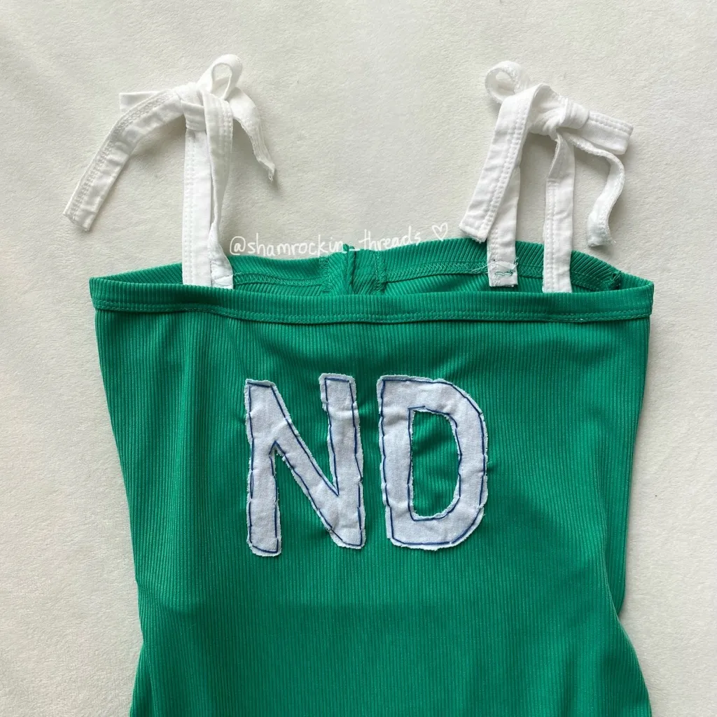 Notre Dame green and white patchwork ribbed bow dress - Image 2