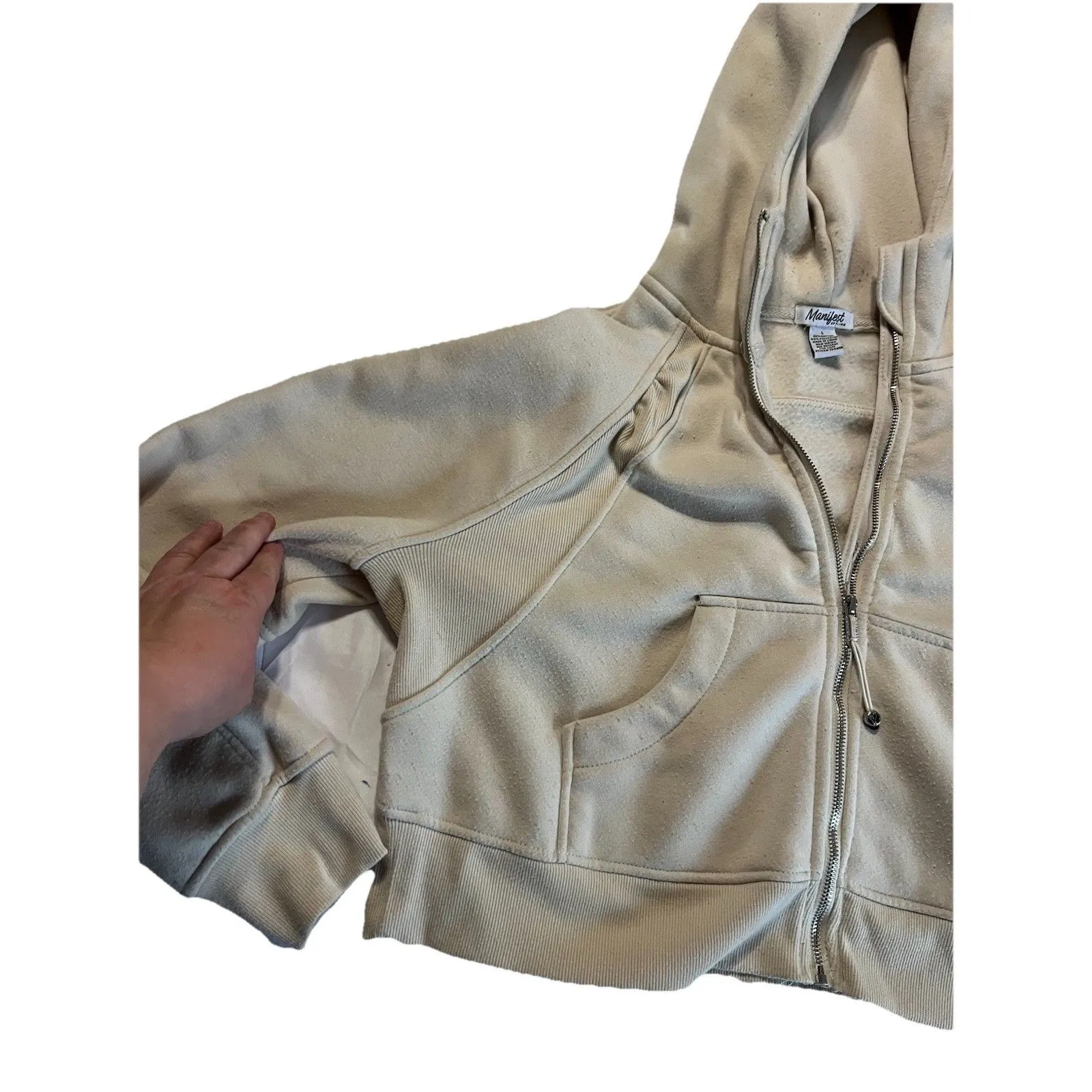 MANIFEST OFFLINE Hoodie Womens L Cropped Long Sleeve Full Zip Tan Sweatshirt Size L - Image 4