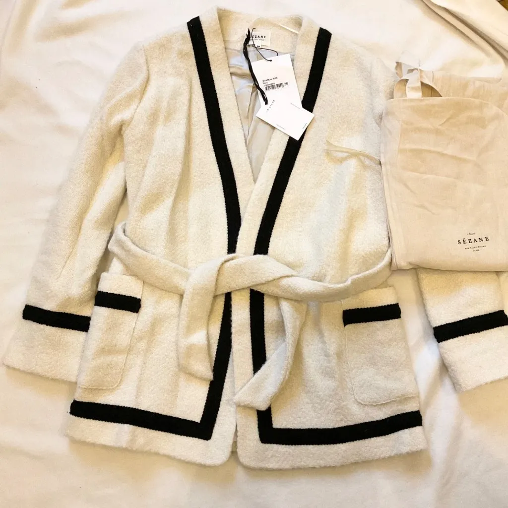 RARE NWT DUST BAG SEZANE Ivory Black SZ38 US6 Manteau Mike Wrap-over Alpaca coat - Image 3