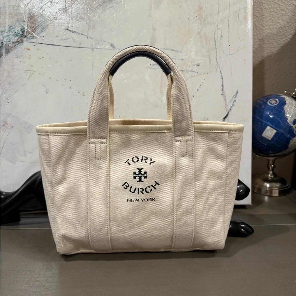NEW!! Tory Burch Small Mercer Street Tote Canvas Ivory Logo  Authenticated - Image 3