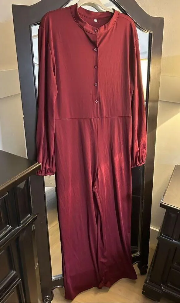 NEW Jumpsuit Elegant Wide Leg Pants Pockets 2X NO BELT Red Size XXL - Image 7
