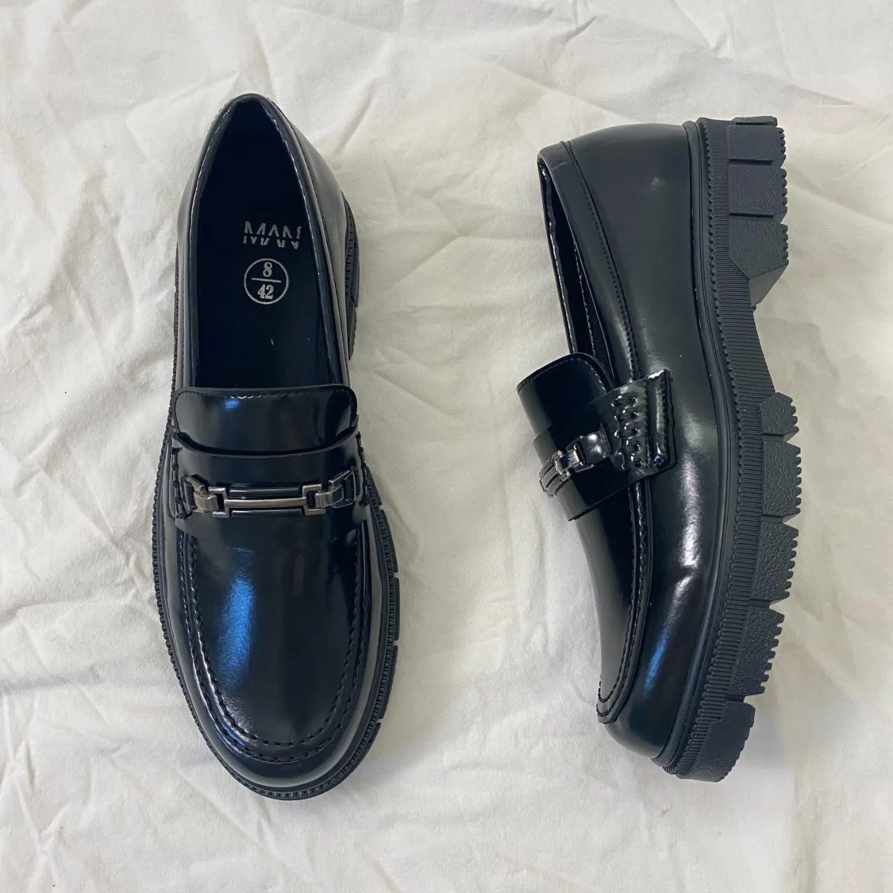 MAN Black Faux Patent Chunky Lug Sole Silver Metal Chain Platform Loafers US 9 - Image 5