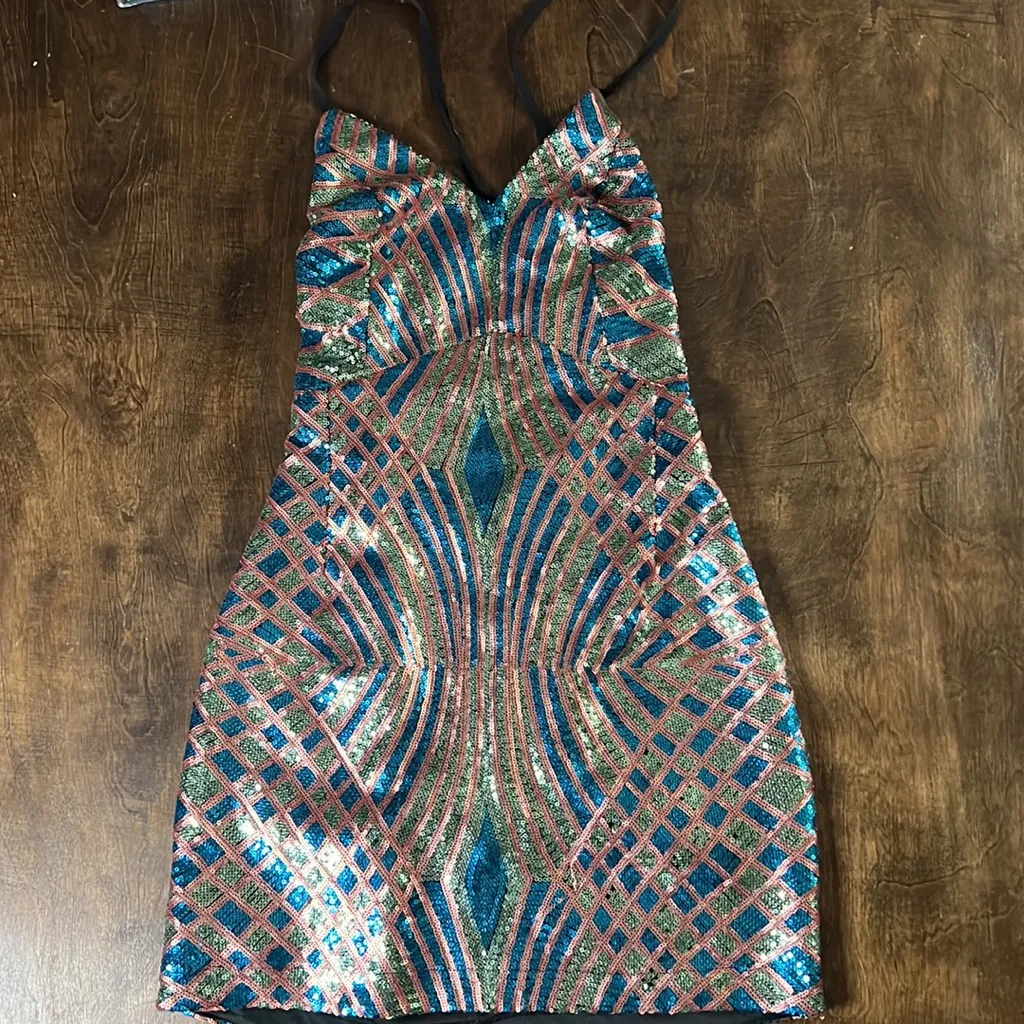 Lulu’s Glow with the flow multi-sequin lace up mini dress backless formal Party - Image 4