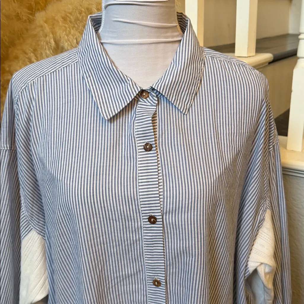 Free People Intimately Oversized Blue White Striped Button Down Shirt L - Image 2