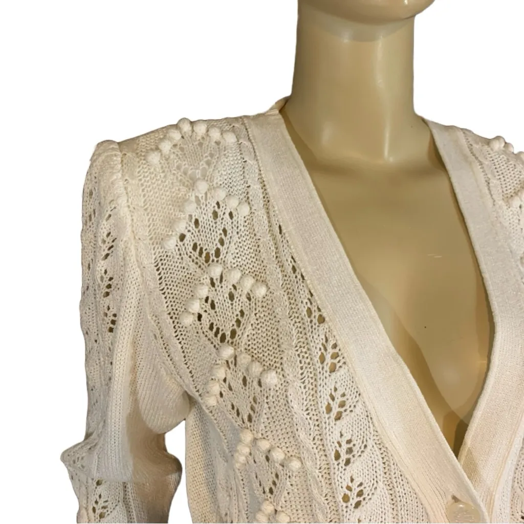EL JEUNE VINTAGE JAPANESE CREAMY WHITE POMPOM ACCENT V NECK CARDIGAN SWEATER (L) Size L - Image 7
