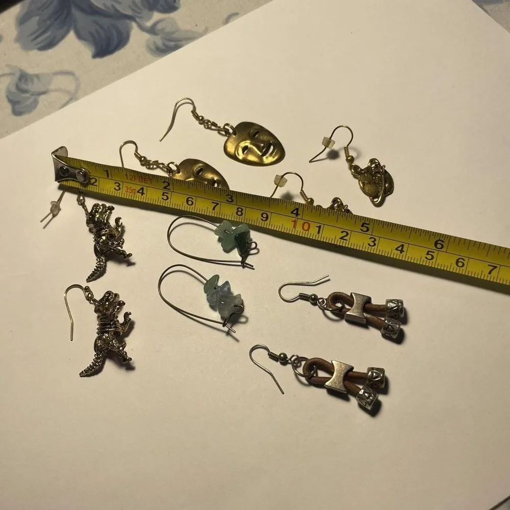 Lot Of 5 Dangle Costume Earrings Pierced Mix Dinosaur / Drama Mask / Planet - Image 10