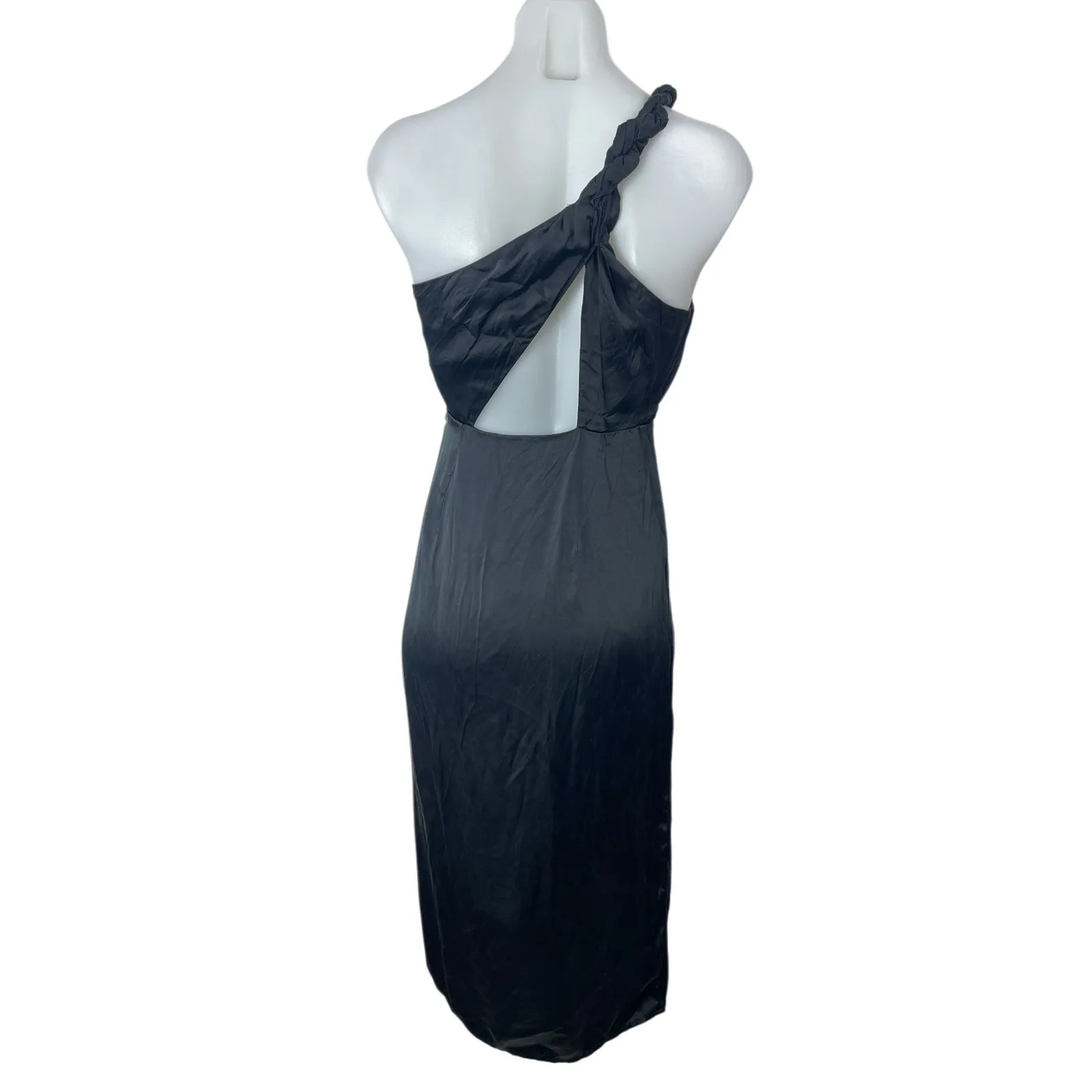 Anthropologie Black Silk Satin One Shoulder Slit Ruched Midi Sheath Dress Size 2 - Image 2