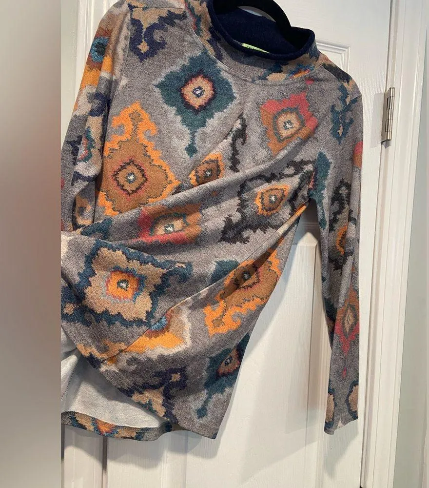 Trisha Tyler Size S Navy Blue Aztec Print Long Sleeve Mock Neck Stretch Top - Image 3