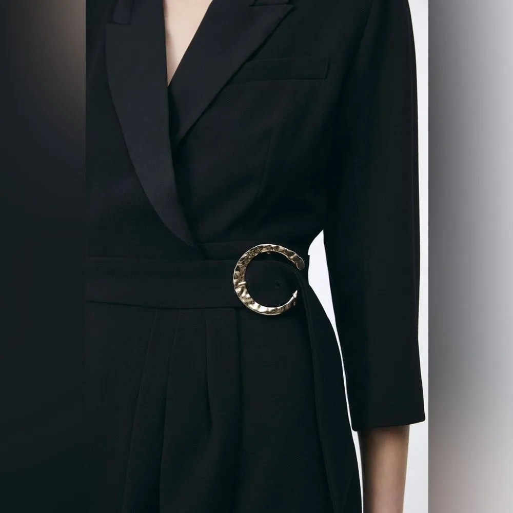 SUNCOO Paris Robe Noire Cliff Belted Wrap Blazer Tux Dress in Black T1 - Image 4