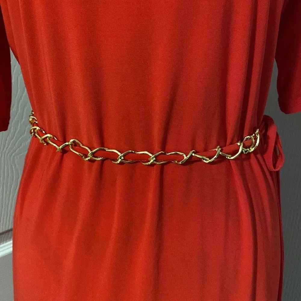 Lennie for Nina Leonard women’s red stretch dress , gold chain belt size L - Image 4