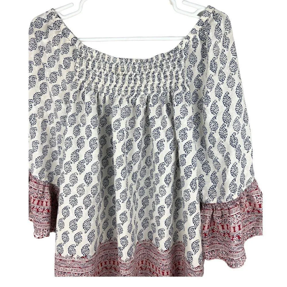 Beach lunch lounge smocked boho 3/4 sleeve off the shoulder flowy navy red cream - Image 5