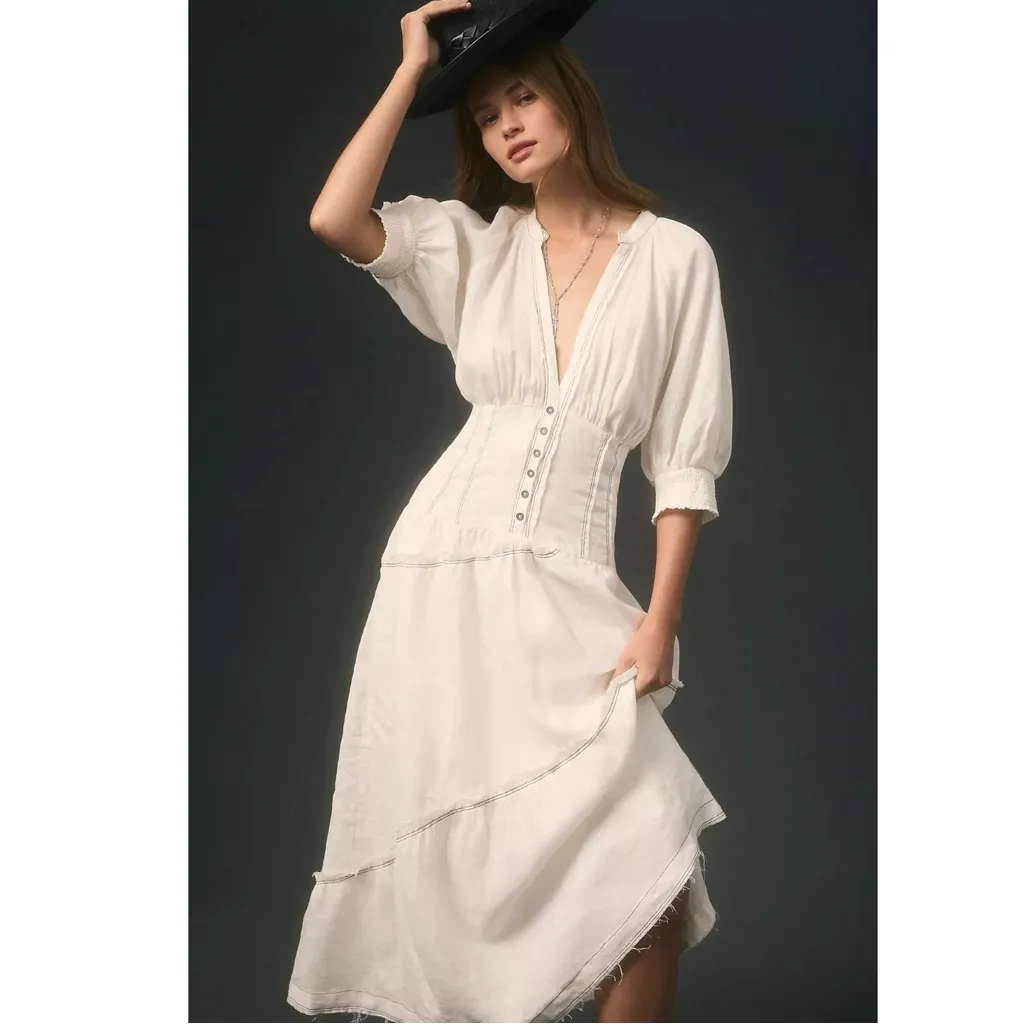 Anthropologie Ethereal Bohemian V-Neck Corset Midi Shirt Dress in White Size XL - Image 4