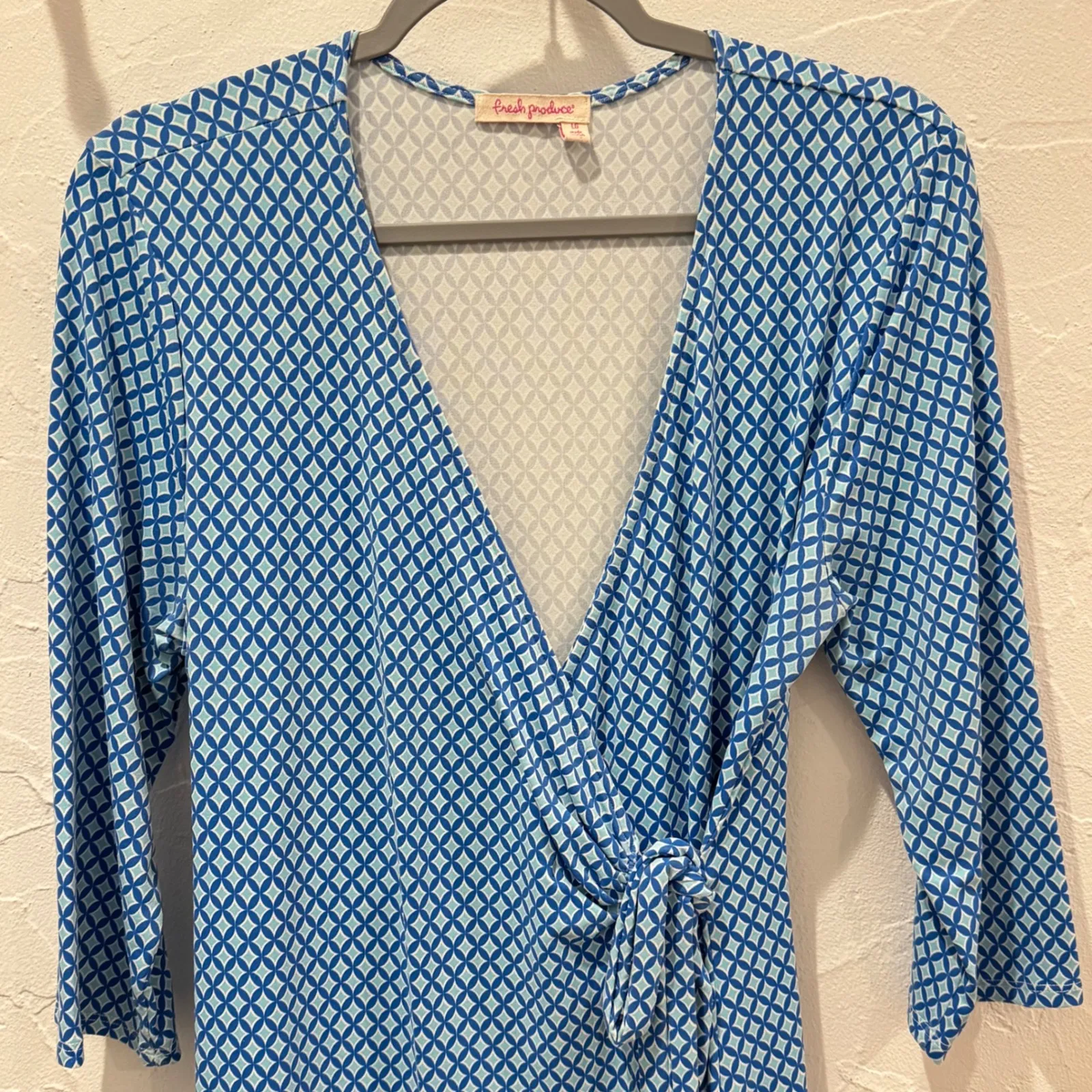 Fresh Produce Blue Geometric Print Jersey Wrap Dress‎ USA Made Sz Large - Image 2