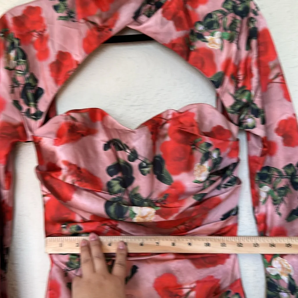 House of CB ‘Toira’ Satin Rose Print draped corset mini dress NWOT‎ size XS - Image 4