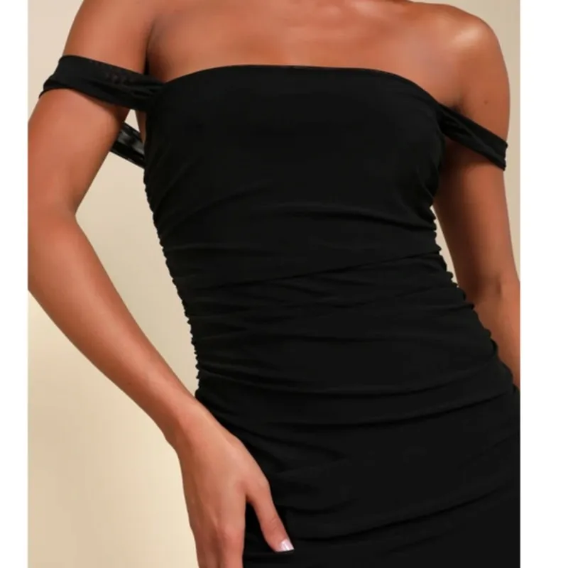 Lulus NWOT Amazing Presence Black Mesh Flirty Ruched Column Maxi Dress Small - Image 6