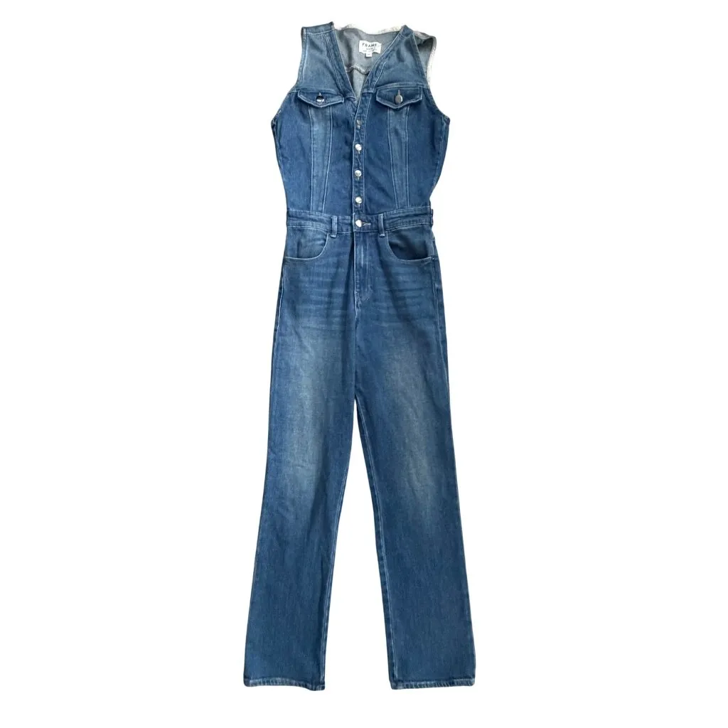 FRAME Women’s Blue Denim Buttoned Jumpsuit Size Small - Image 11