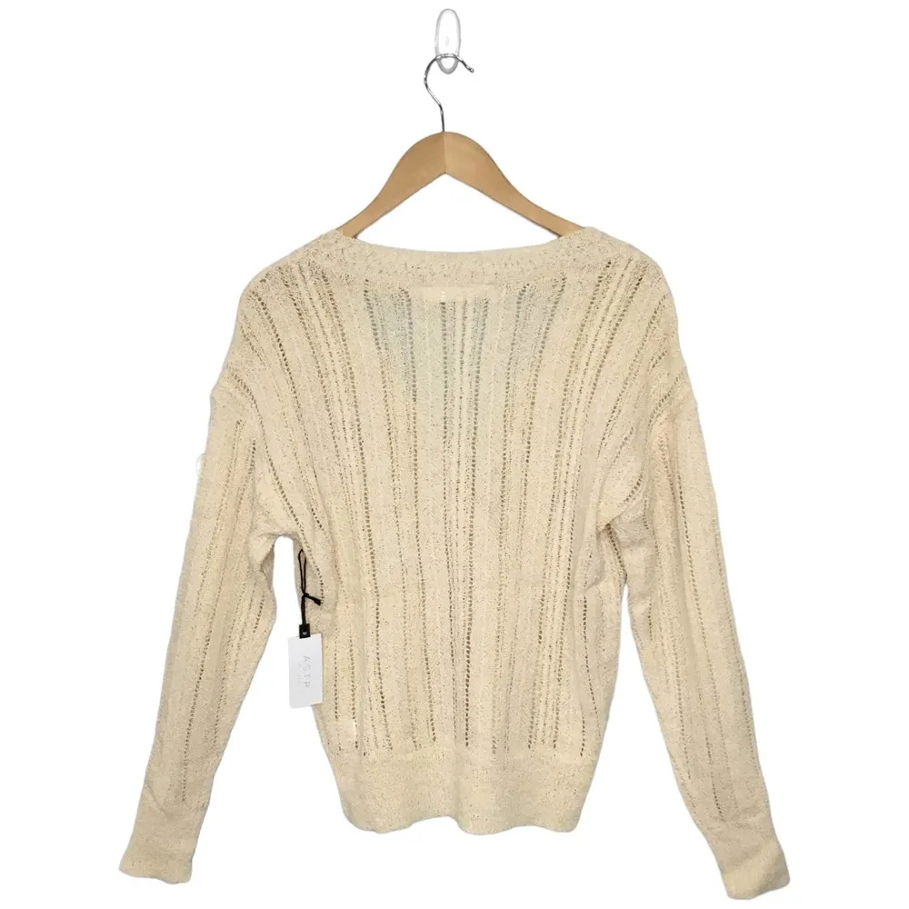 New ASTR Faux Wrap Pointelle Knit Long Sleeve Sweater Top Pullover Cream L - Image 8