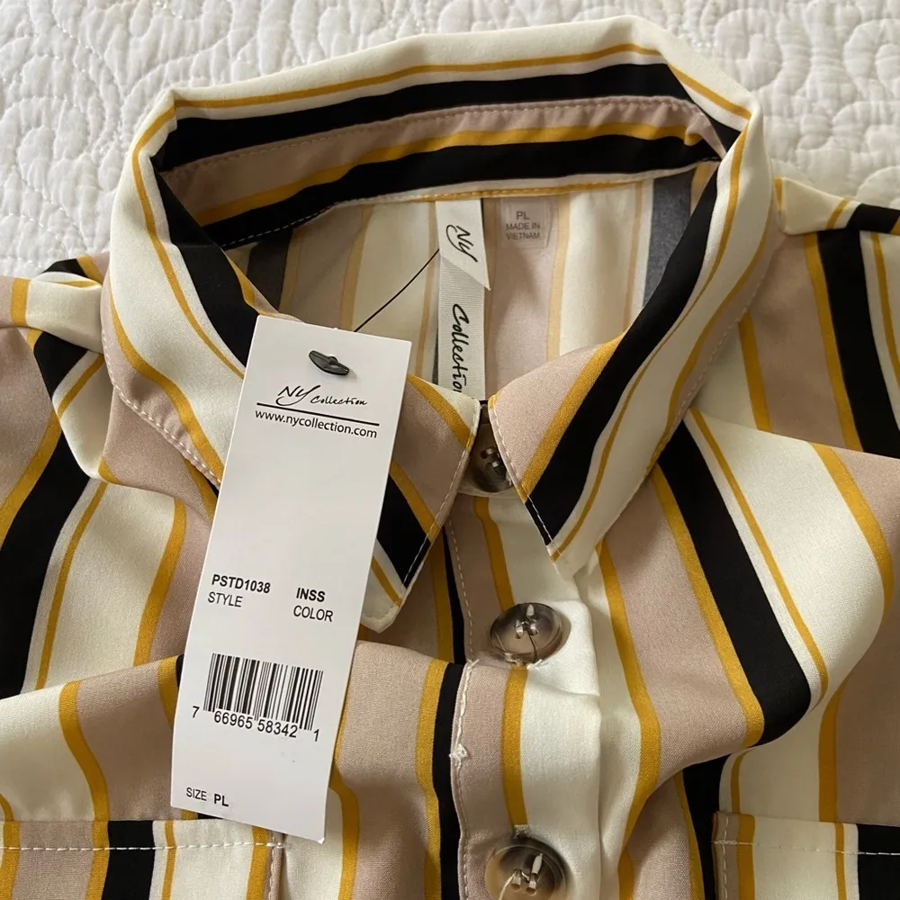 NY Collection Taupe and Navy Striped Long Sleeve Dress Business Casual Size PL - Image 4