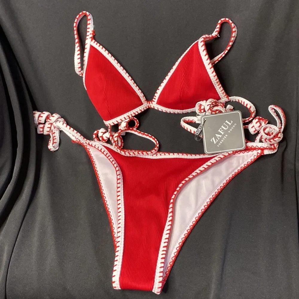 ZAFUL Ribbed Tie Side Tanga Bikini Set - Red Size 4 Us - Image 4