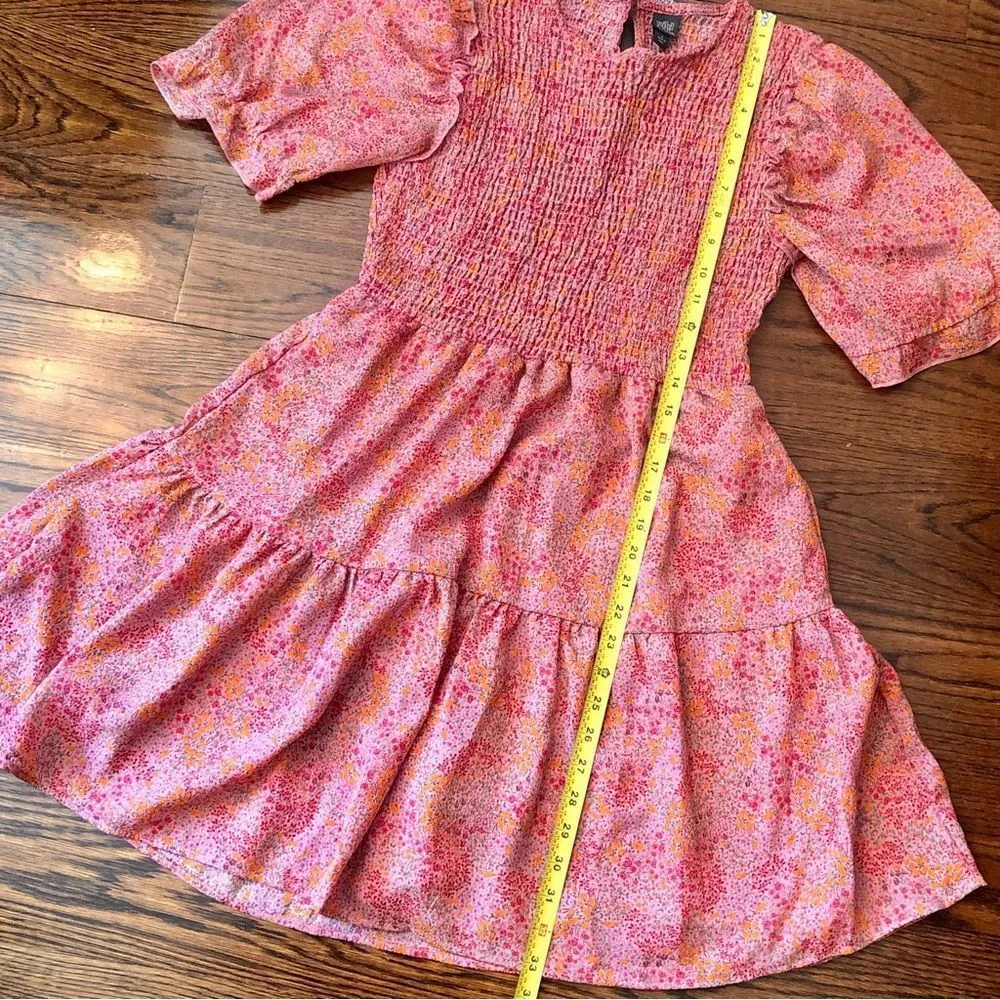 WILD FABLE Women’s Floral Pink Smocked Stretch Bodice Tiered Dress Sz Small - Image 7