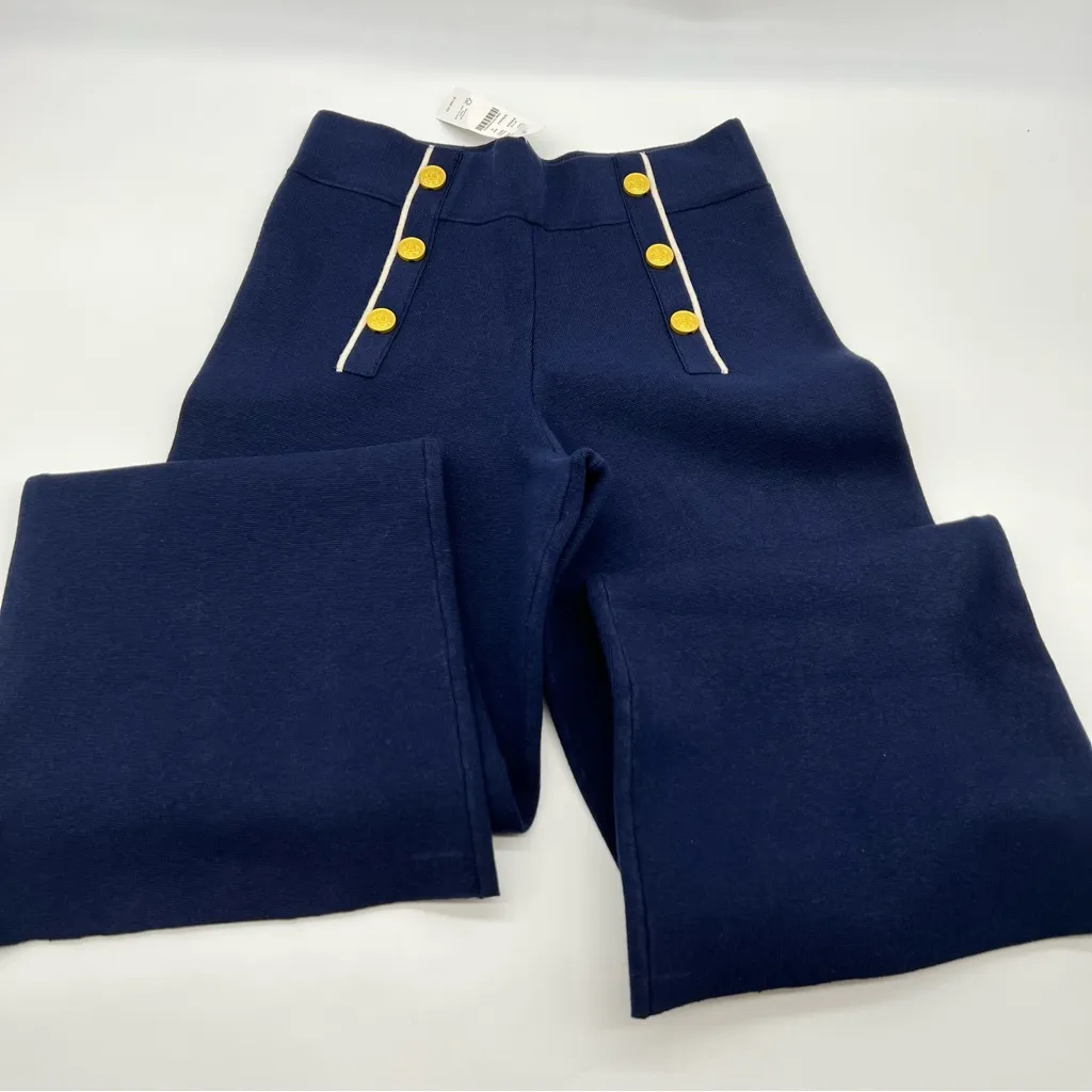 J. Crew Navy w/White Trim Wide Leg Knit Pants w/Gold metallic Buttons-Size S - Image 5