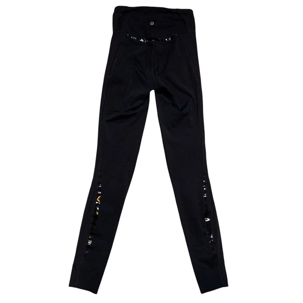 Lululemon Gloss Trim Run Super High Rise Tight 28” Leggings Black Sz 2 Shiny - Image 4