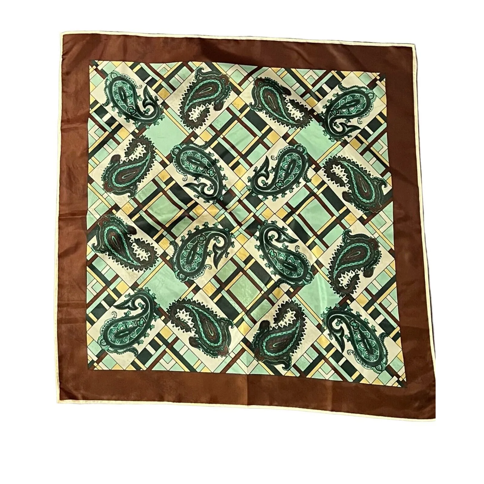Vintage LADY HERITAGE Fashion Scarf Green Brown Paisley Scarf 26" Authentic - Image 2