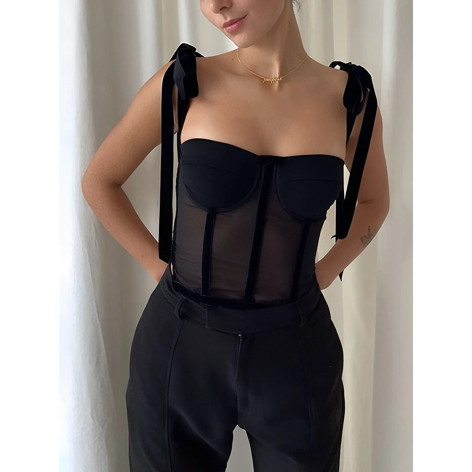 Commense Semi Sheer Y2K Dark Fairy Tied Mesh Cami Crop Top Black L Size L - Image 6