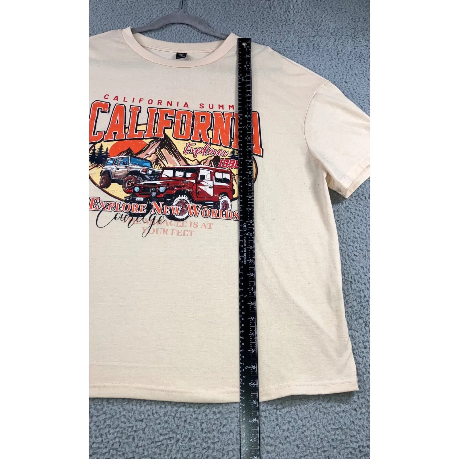 California Summer Graphic Print T Shirt Women 1XL Oversized Beige Short Sleeve - Image 3