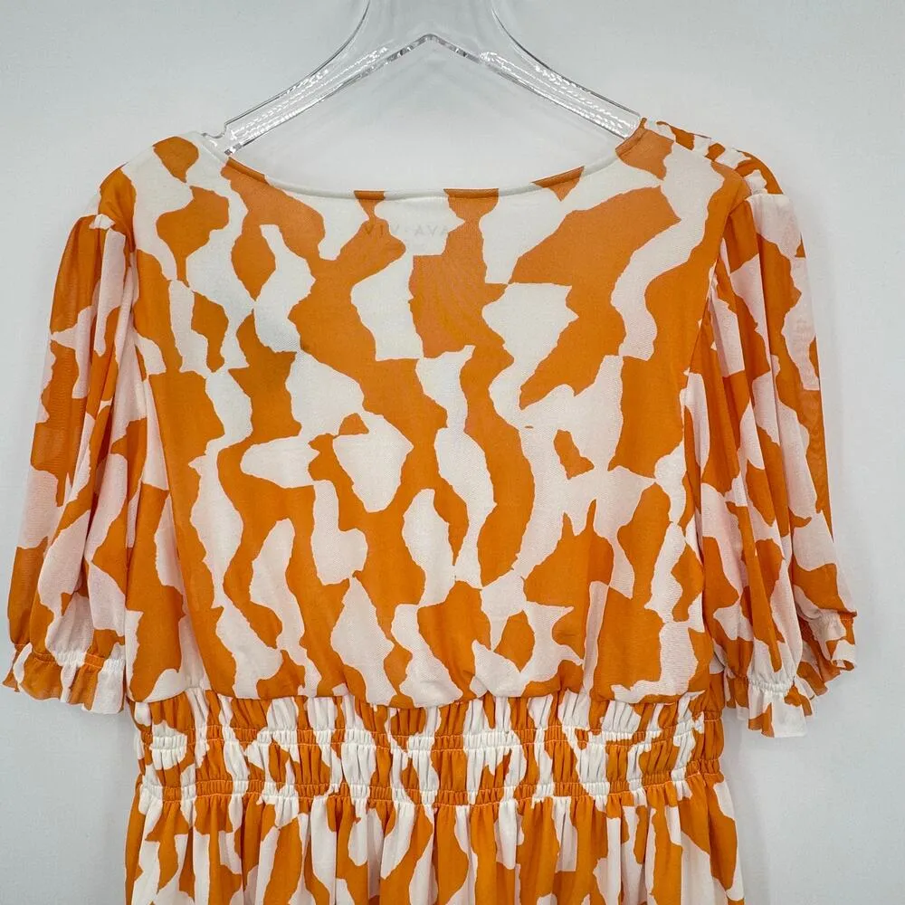 Ava & Viv blouse XXL V neck abstract smocked mesh lined stretch orange white NEW - Image 6
