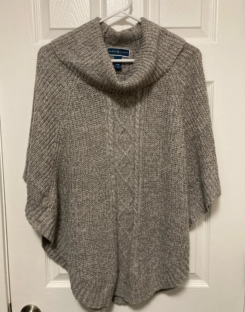 Karen Scott Marbled Taupe Tan Cable Knit Cowl Neck Poncho Sweater - Image 1