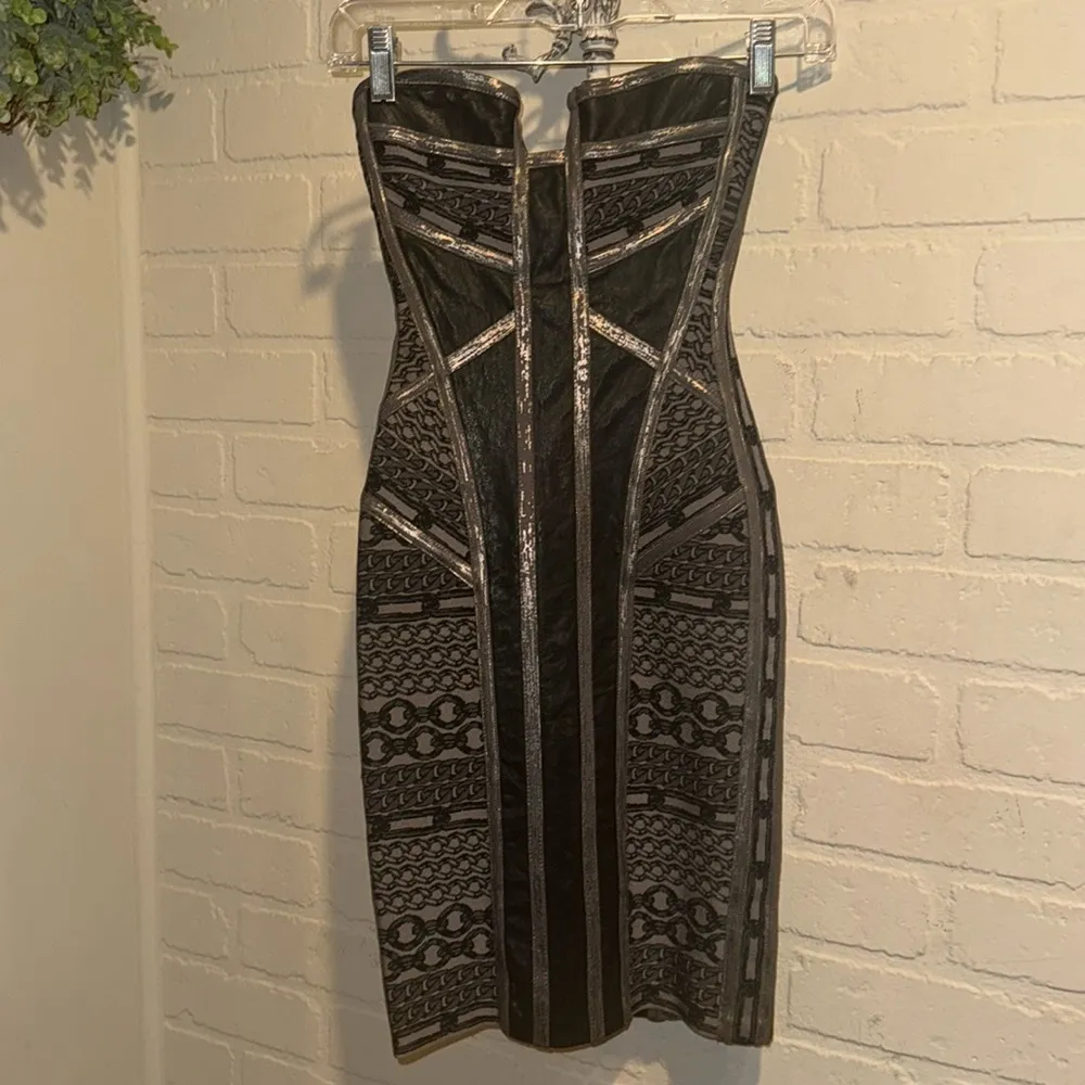 HERVE LEGER Strapless Gunmetal Chain Dress XS leather stretch - Image 4