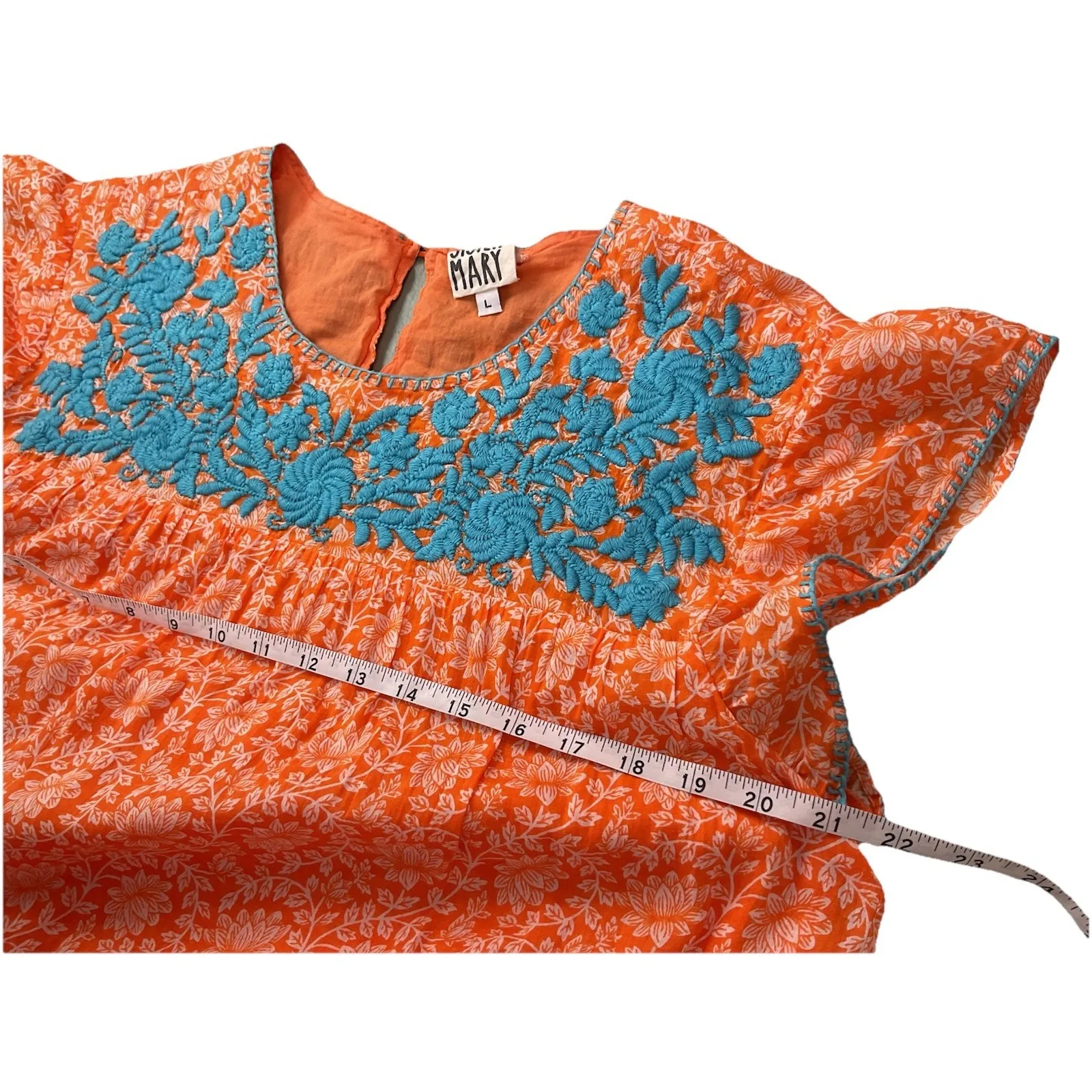 Sister Mary SZ Large blue embroidered bib vibrant floral orange midi dress - Image 8