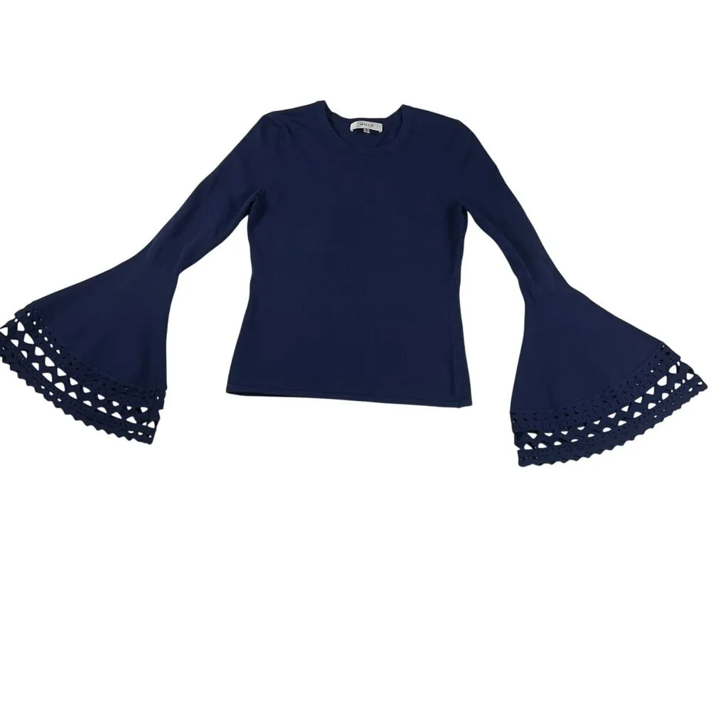Milly Navy Blue Bell Sleeve Cutout Sweater Size S Dramatic Luxury - Image 7