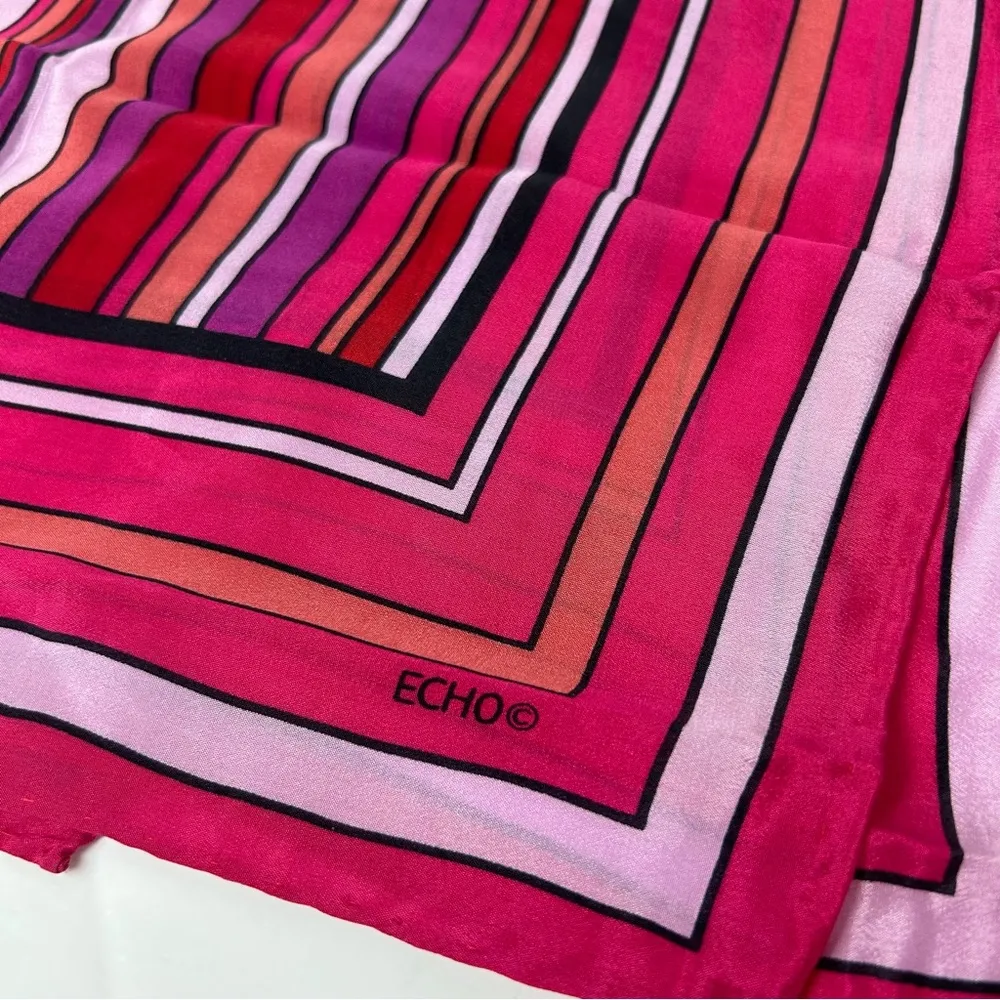 Echo Vintage Silk Scarf Pink Red Orange Stripe - Image 2